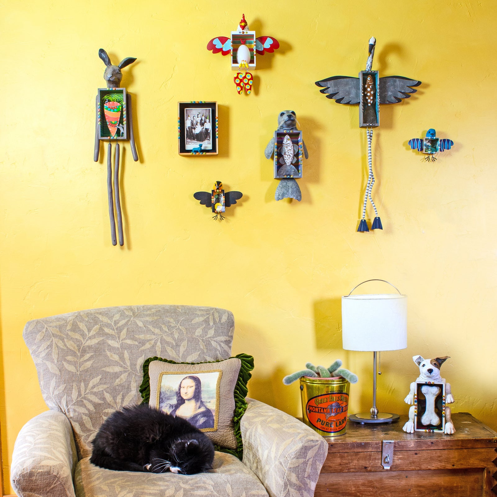 Through the act of discovery and kismet, Vicki Fish embraces found objects in her art. Whether combing through junk stores or scavenging along the coastline, she collects the bits and pieces she later incorporates into her assembled sculptures and paintin